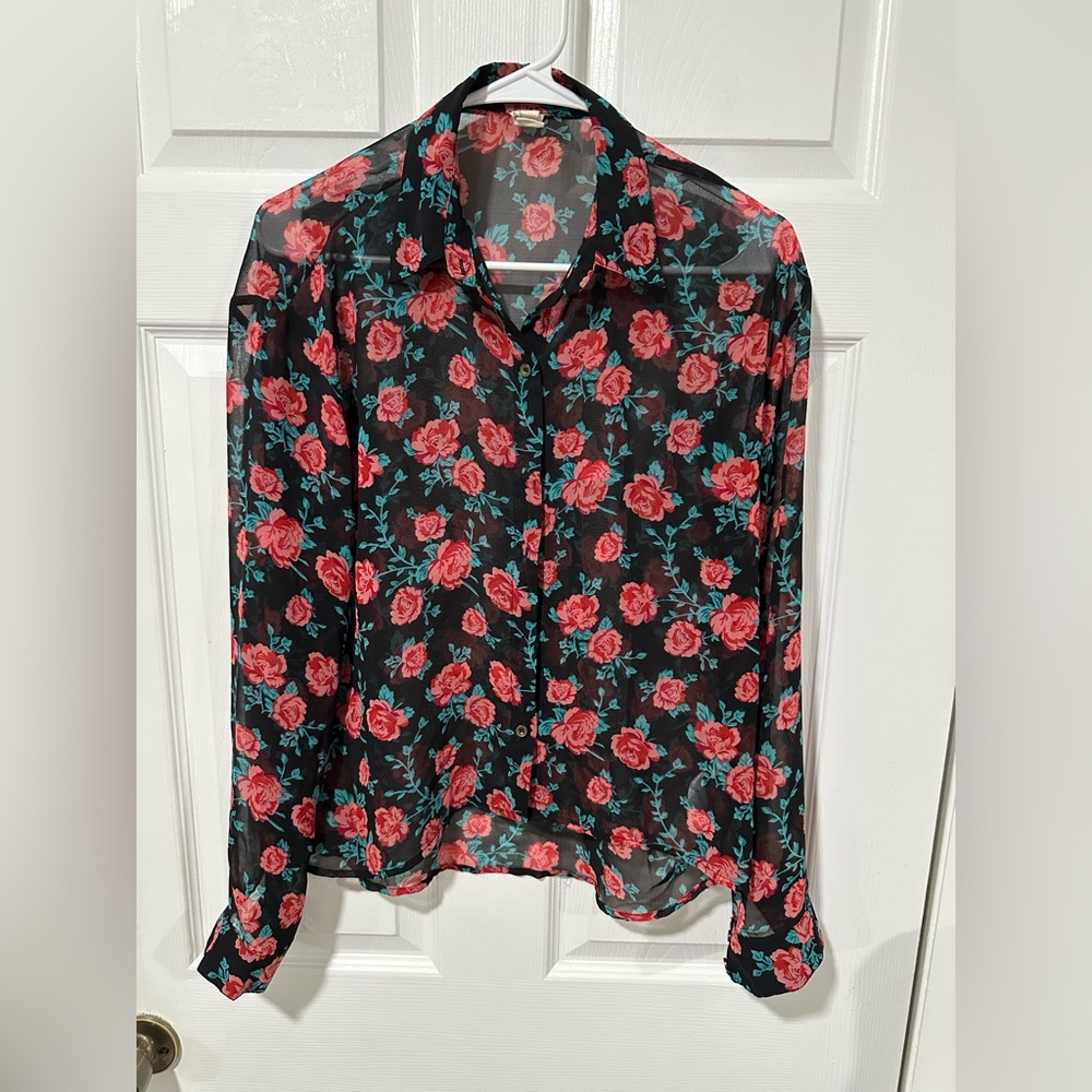 Forever 21 Black Sheer Blouse with Red Floral Design